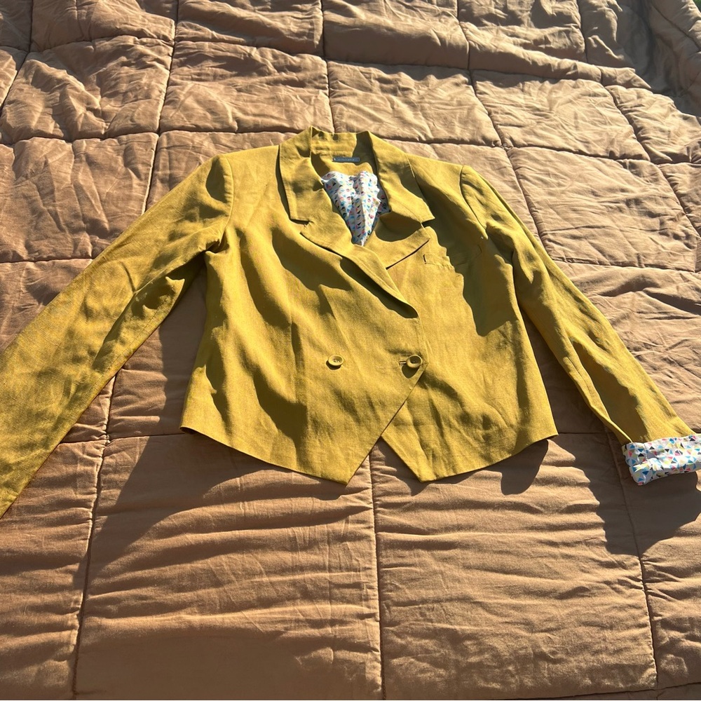 Loeffler Randall Mustard Yellow Double-Breasted Cropped Blazer Silk/Linen Size 2